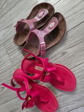 Girls Pink Thong Sandals + Hot Pink Bow Sandals - 2 Pairs
